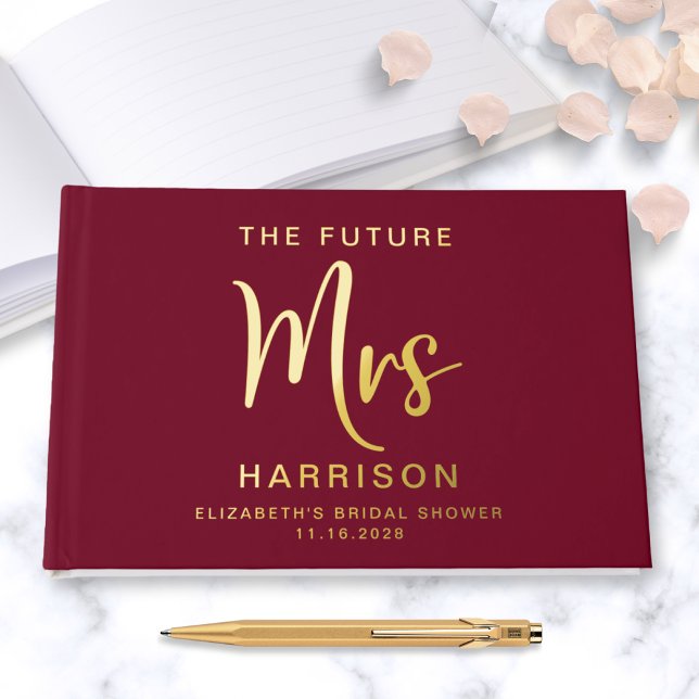 Livre D'or Futur chic Mme or feuille de mariage burgundy (Créateur téléchargé)