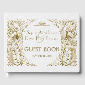 Livre D'or Glam White Gold Art Déco Peacocks Mariage