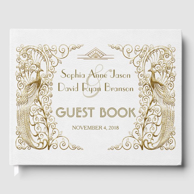 Livre D'or Glam White Gold Art Déco Peacocks Mariage (Recto)