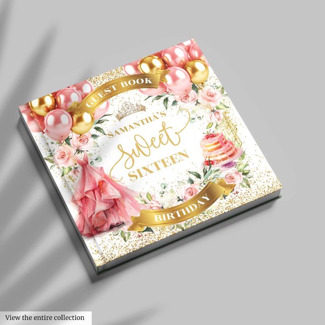 Livre D'or Gold Blush Sweet 16 Guest Book Pink Balloons (Chic Blush Gold Guest Book Sweet Sixteen)