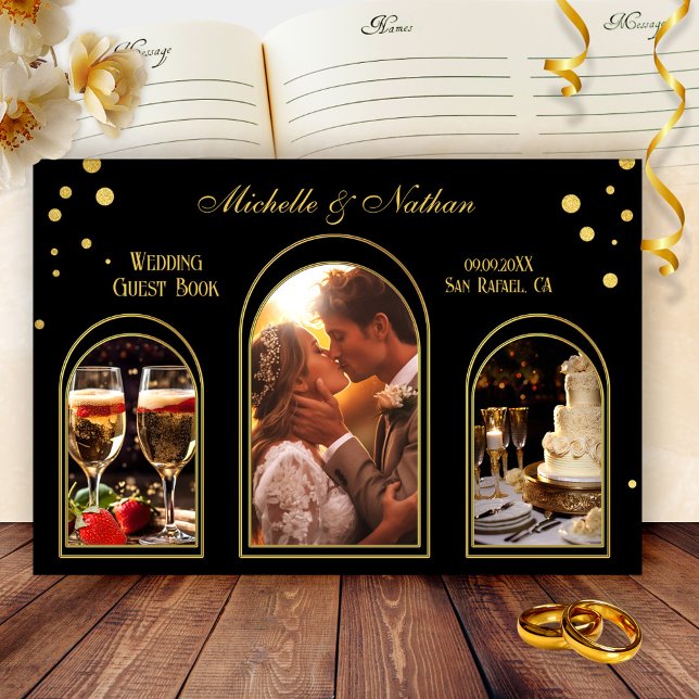 Livre D'or Gold Confetti Black Photo Mariage (Wedding guest book featuring your custom photos framed by black with festive gold sparkled confetti)
