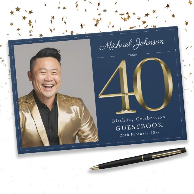Livre D'or Gold Navy photo personnalisée 40e anniversaire (Gold Navy Blue Custom Photo 40th Birthday Guest Book)