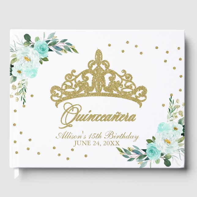 Livre D'or Gold Tiara Blush Turquoise Floral Quinceanera (Recto)