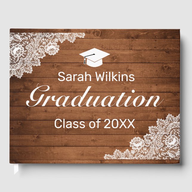 Livre D'or Graduation en bois rustique et dentelle blanche (Recto)
