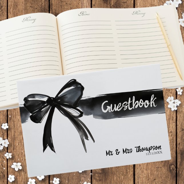 Livre D'or Grande aquarelle Bow noir et blanc Mariage moderne (Big Watercolor Bow Black White Modern Wedding Guest Book for memories and ceremony elegant trendy)