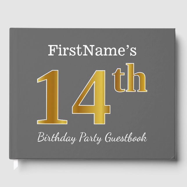 Livre D'or Gray, Faux Gold 14e fête d'anniversaire + Nom pers (Recto)