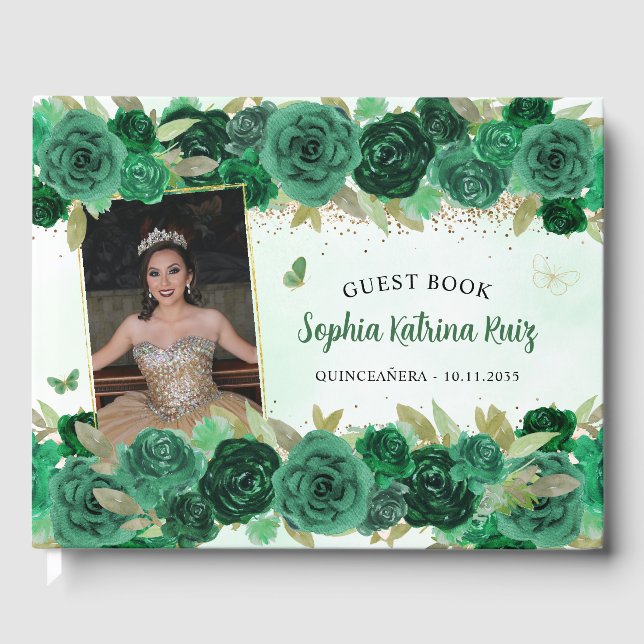Livre D'or Green Gold Floral Princesse Quinceañera Photo (Recto)