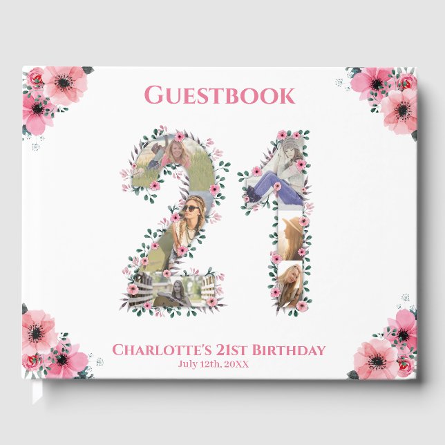 Livre D'or Gros 21e anniversaire Photo Collage Fleur Fille Bl (Recto)