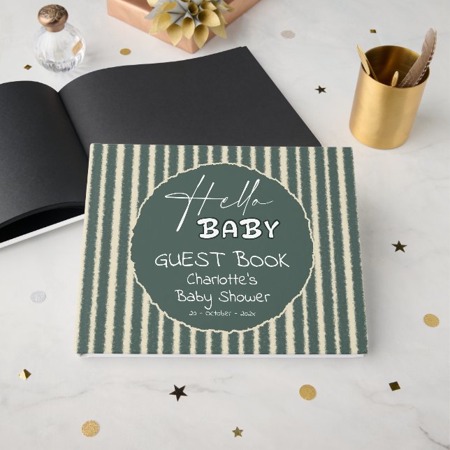 Livre D'or Hello Baby Dark Green Stripes Baby Shower (Recto ouvert)