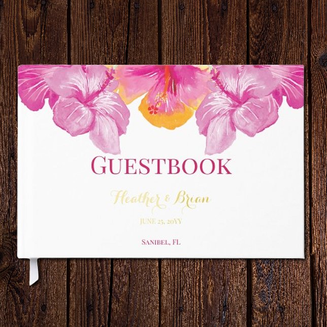 Livre D'or Hibiscus brossé Mariage floral (Brushed Hibiscus Floral Wedding Foil Guestbook)