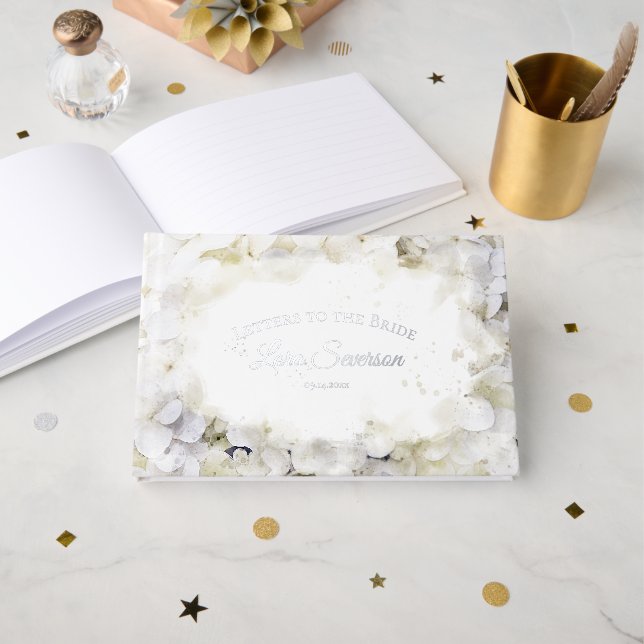 Livre D'or Hydrangeas Blanches Aquarelle Lettres à la Mariée (Recto ouvert)