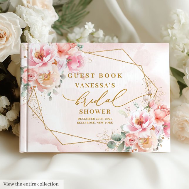 Livre D'or Jolie Fête de Mariage Bohème Pastel Rosé Or Fleurs (Lovely Boho Blush Gold Roses Bridal Shower Guest Book)