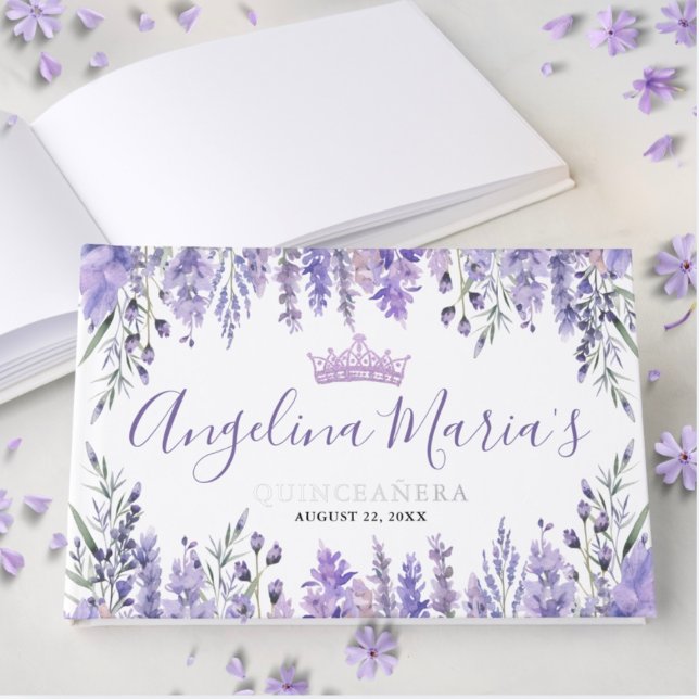Livre D'or Lavande Florale pourpre Quinceanera (Lavender Floral Purple Quinceanera Foil Guest Book)
