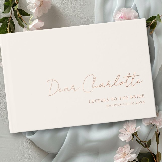 Livre D'or Lettres à la mariée ! Police minimale, écriture ma (Letters to the Bride! Minimal, Handwriting Font Foil Guest Book with your name, date & text.)