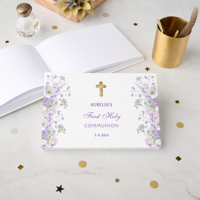 Livre D'or Lilac Flowers First Communion Guest Book (Recto ouvert)