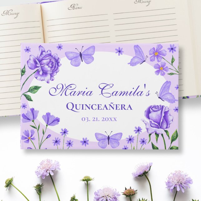 Livre D'or Lilac Purple Floral Quinceañera 15e anniversaire (Lilac Purple Floral Quinceañera 15th Birthday Guest Book)