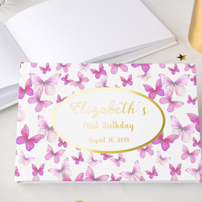 Livre D'or Little Butterfly 1st Birthday Pink Girl Gold (Créateur téléchargé)