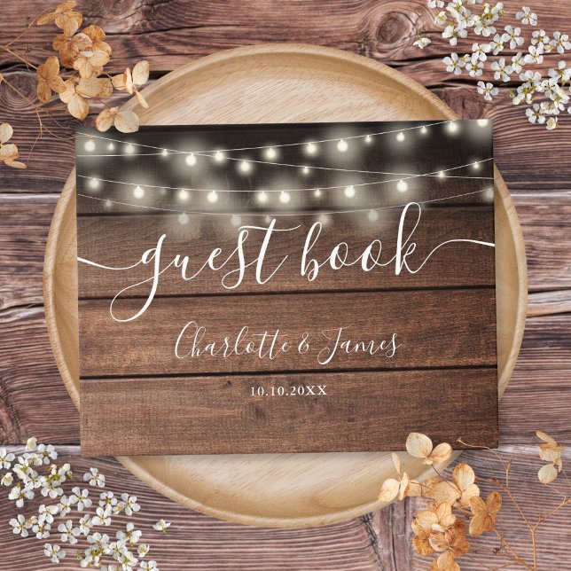 Livre D'or Lumières de Chaîne en Bois Rustique Écriture Maria (Rustic Wood String Lights Script Wedding Guest Book)