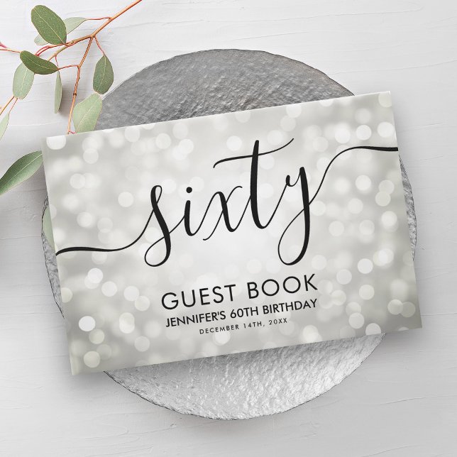 Livre D'or Lumières de la Parties scintillant d'argent modern (Modern Silver Glitter Lights 60th Birthday Guest Book)