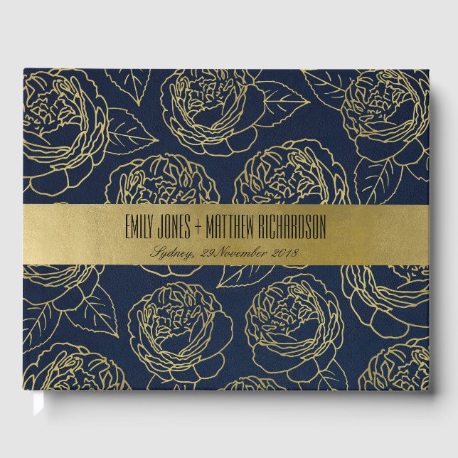 LIVRE D'OR LUXE NAVY GOLD KRAFT ELEGANT ROSE FLORAL MARIAGE (Recto)