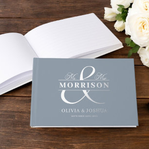 Livre D'or M. Mme Photo Dusty Bleu Élégant Mariage Argent