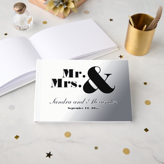 Livre D'or M. Mme Simple Silver Foil Mariage de script blanc (Recto ouvert)