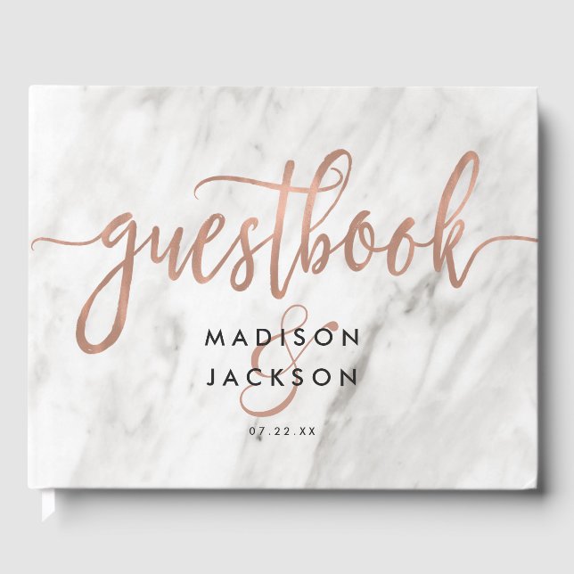 Livre D'or Marbre blanc & Rose Gold Moderne Mariage Monogramm (Recto)