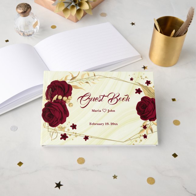 Livre D'or marbre géométrique feuille chic bordeaux (Recto ouvert)
