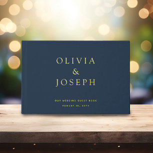 Livre D'or Mariage à feuille d'or personnalisé bleu marine