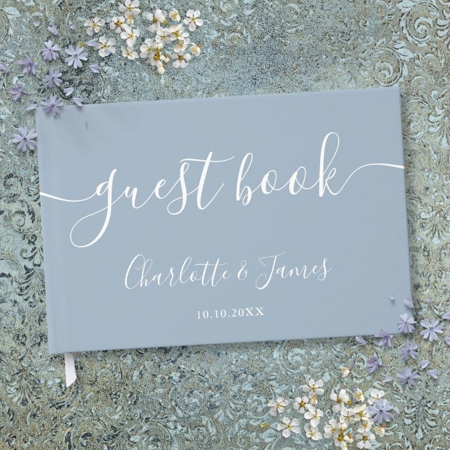 Livre D'or Mariage à l'écriture signature bleu poussiéreux (Dusty Blue Signature Script Wedding Guest Book)