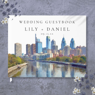 Livre D'or Mariage aquarelle sur la skyline de Philadelphie