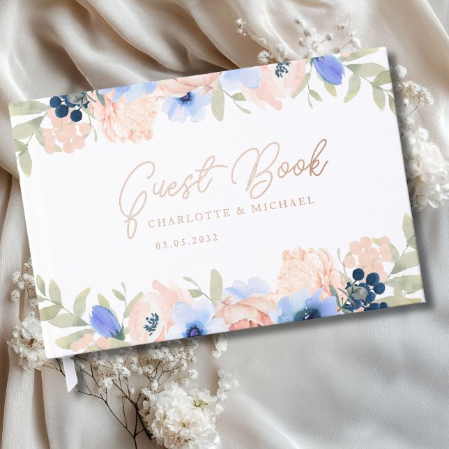 Livre D'or Mariage bleu pâle (Modern, peach, blue, blush, flowers, handwriting, wedding guest book with real foil. )