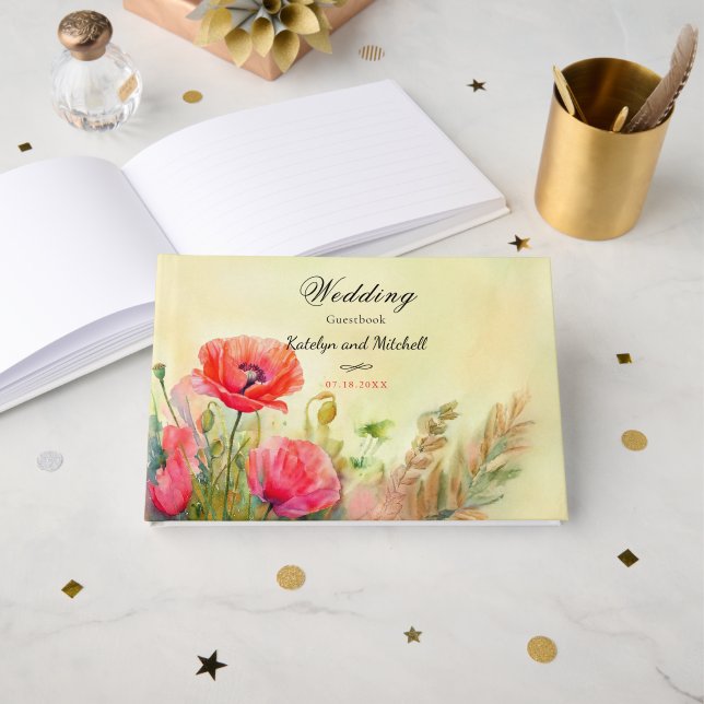 Livre D'or Mariage Boho Watercolor Poppies (Recto ouvert)