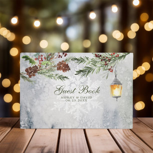 Livre D'or Mariage Botanique Lanterne Pins Rustiques d'Hiver