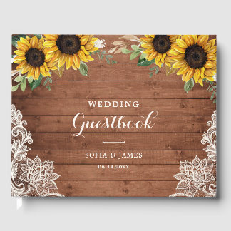 Livre D'or Mariage Champêtre en Bois Tournesols Verdure Dente