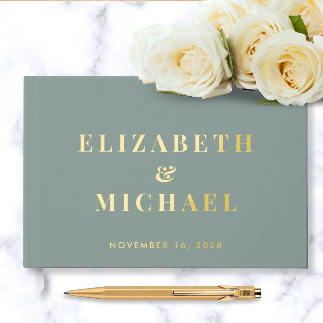 Livre D'or Mariage chic avec monogramme et photo vert sauge (Créateur téléchargé)