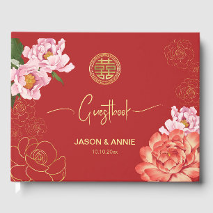 Livre D'or Mariage Chinois Élégant Paon Rouge Accueil
