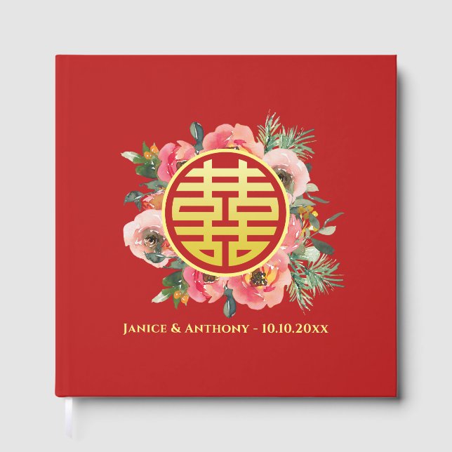 Livre D'or Mariage chinois moderne rose fleuri (Recto)
