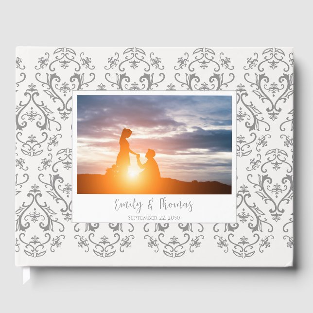 Livre D'or Mariage classique Elegant Damask Pattern Gris (Recto)