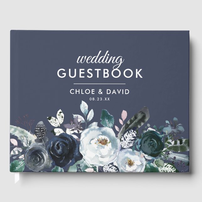 Livre D'or Mariage d'aquarelle bleu Boho rustique (Recto)