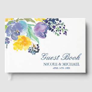 Livre D'or Mariage d'aquarelle bleu printemps jaune