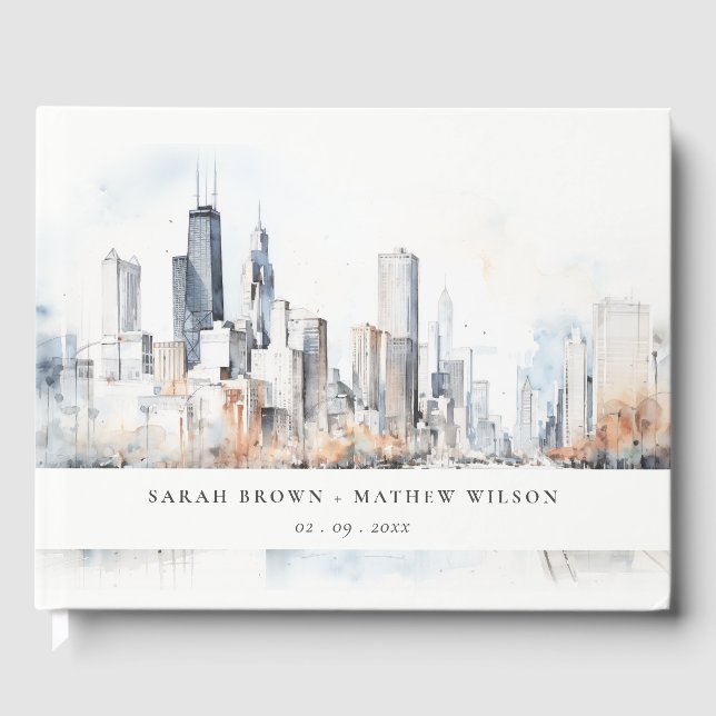 Livre D'or Mariage d'aquarelle de Chicago, Illinois City Scap (Recto)