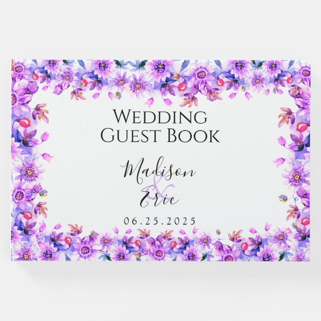 Livre D'or Mariage d'aquarelle florale pourpre (Devant)