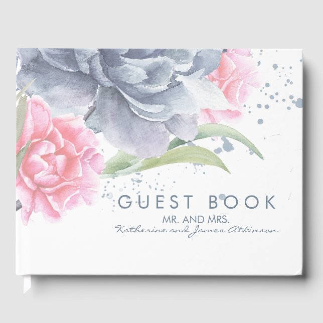 Livre D'or Mariage d'aquarelles bleu et rose (Recto)