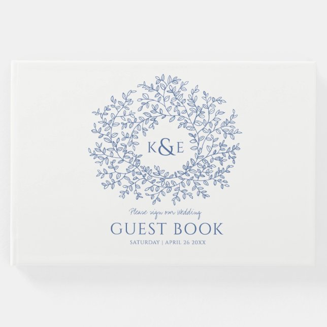 Livre D'or Mariage d'art monogramme bleu classique en feuille (Devant)
