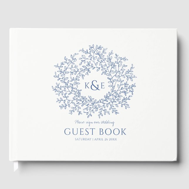 Livre D'or Mariage d'art monogramme bleu classique en feuille (Recto)