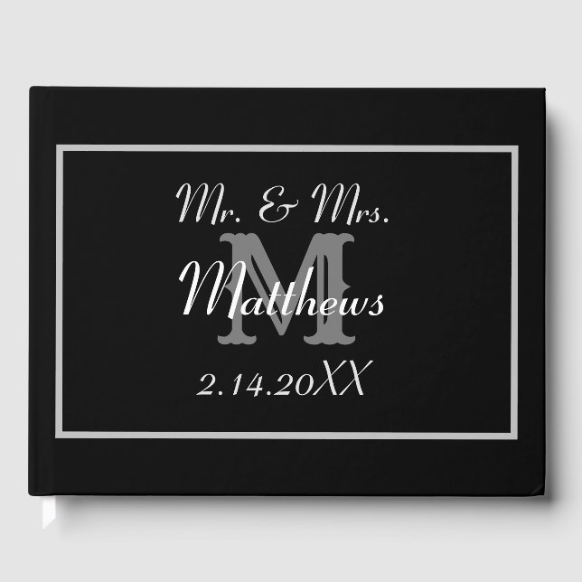 Livre D'or Mariage Date Monogramme Noir Mariée Marié  (Recto)