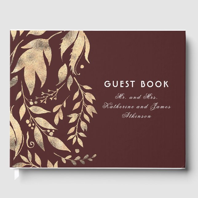 Livre D'or Mariage de automne Feuille de Bourgogne et d'or (Recto)