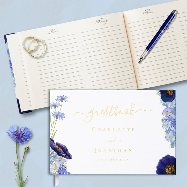 Livre D'or Mariage de feuille d'or Floral bleu moderne (Modern blue floral gold foil wedding guest book  watercolor wildflowers stylish typography script)