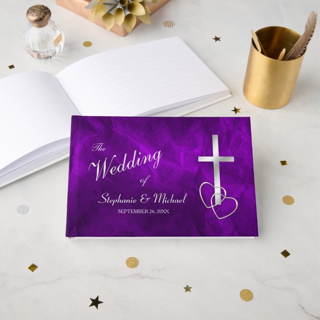 Livre D'or Mariage de la Croix chrétienne d'argent violet (Recto ouvert)